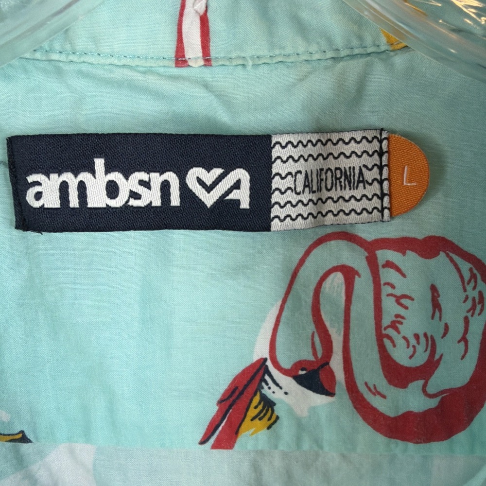 ambsn Flamingo Print Shirt Mens L Aqua Cotton Short Sleeve Button Up - Picture 3 of 7